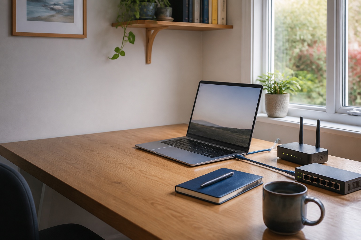 A tidy home-office technology setup with networking equipment